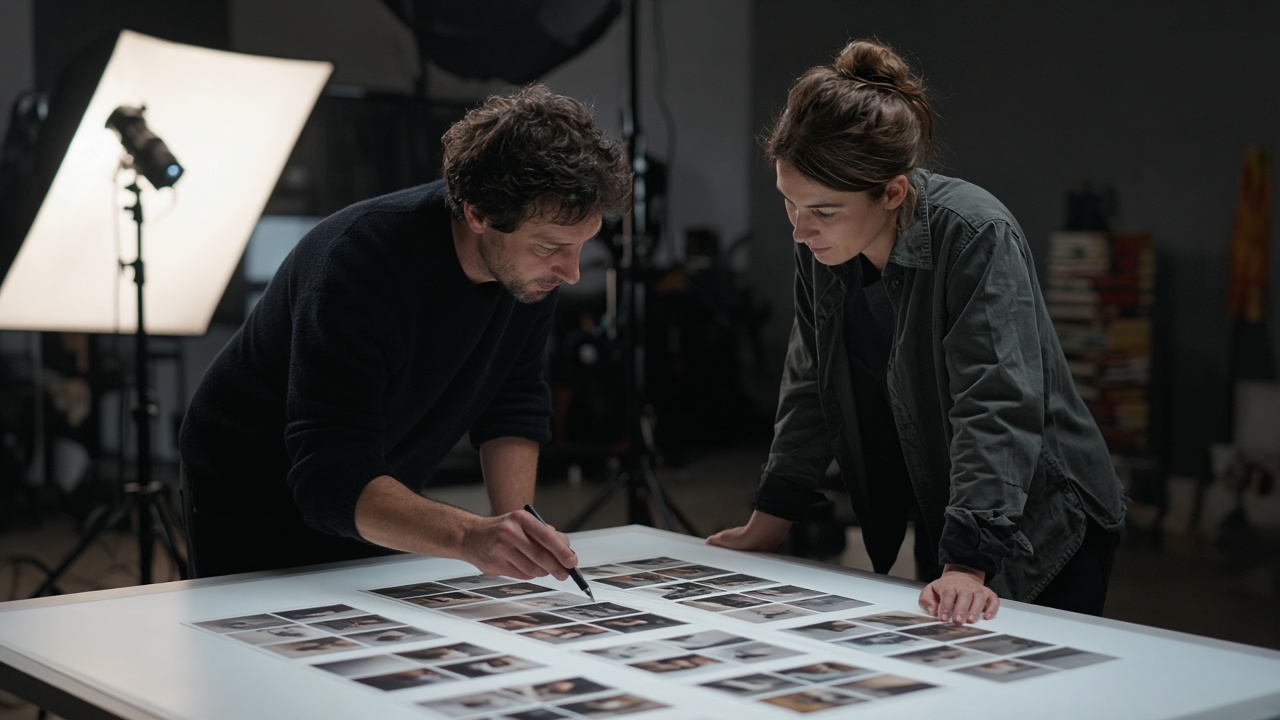 A photographer and assistant reviewing contact sheets at a light table.