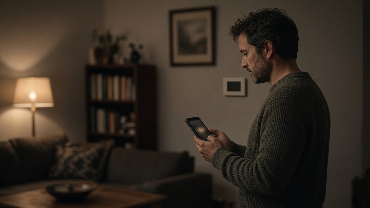 A person looking at a phone beside a living room thermostat.