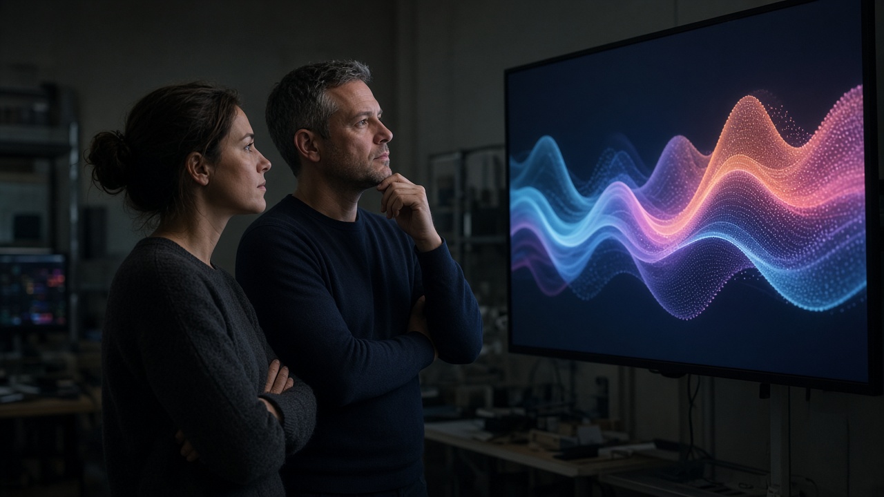 Two engineers in a dim ops room reviewing abstract experiment results on a monitor.