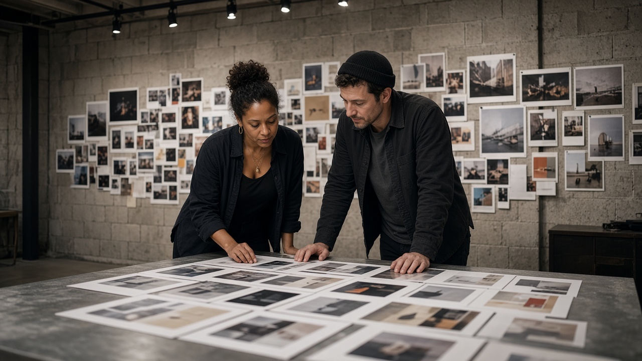 Two people at a steel studio table reviewing printed comps.