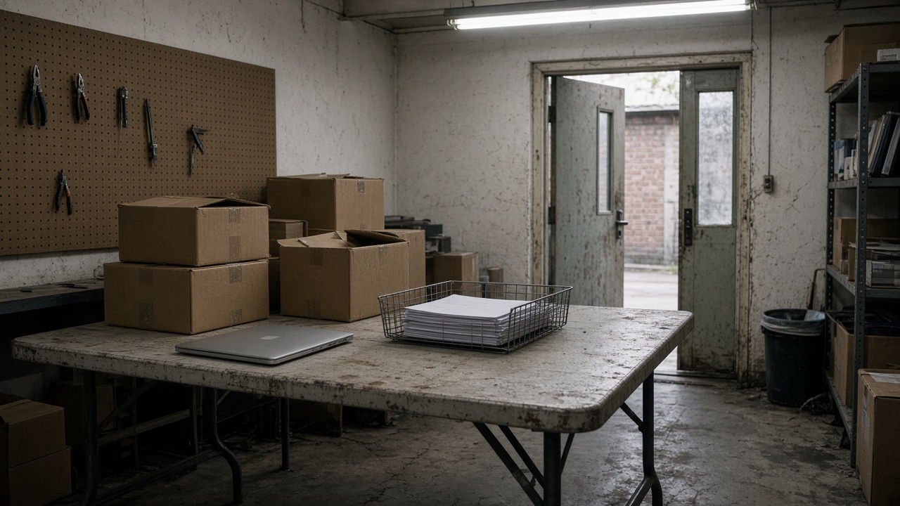 A cluttered storefront back office with a folding table, boxes, and a laptop.
