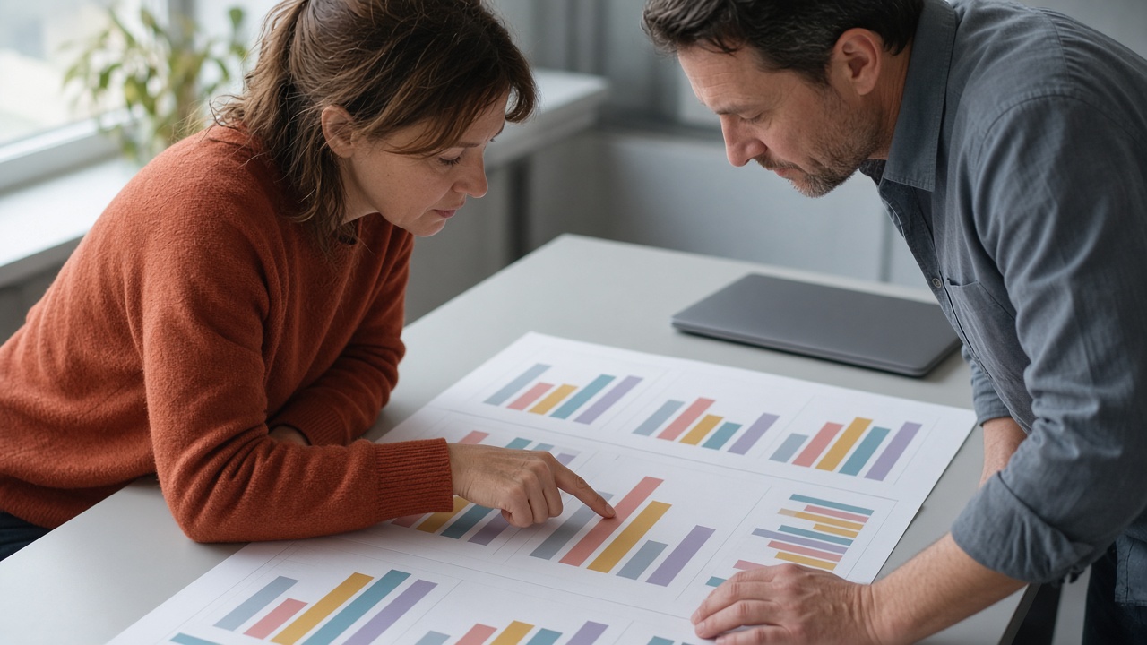 Two analysts leaning over printed comparison charts at a conference table.