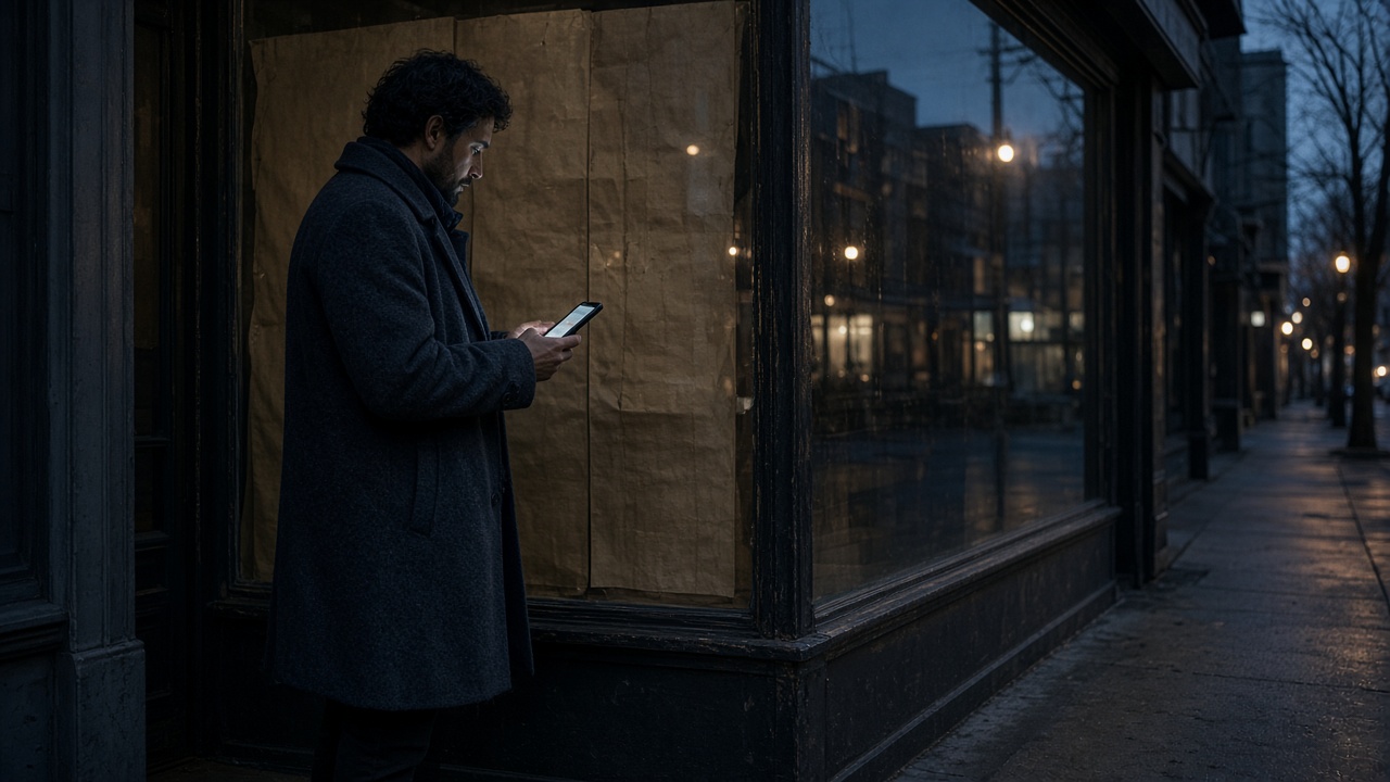 A person on the sidewalk looking something up on a phone outside a papered storefront.