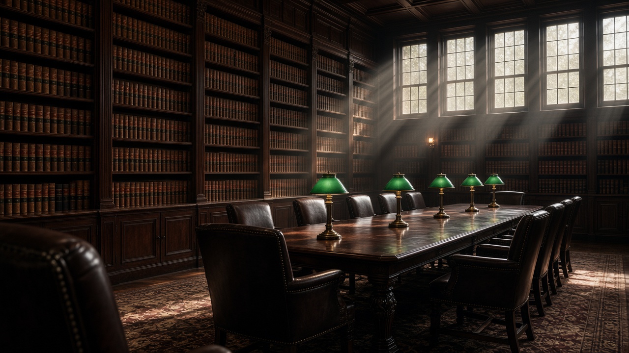 A law library with mahogany shelves, a long table, and green lamps.
