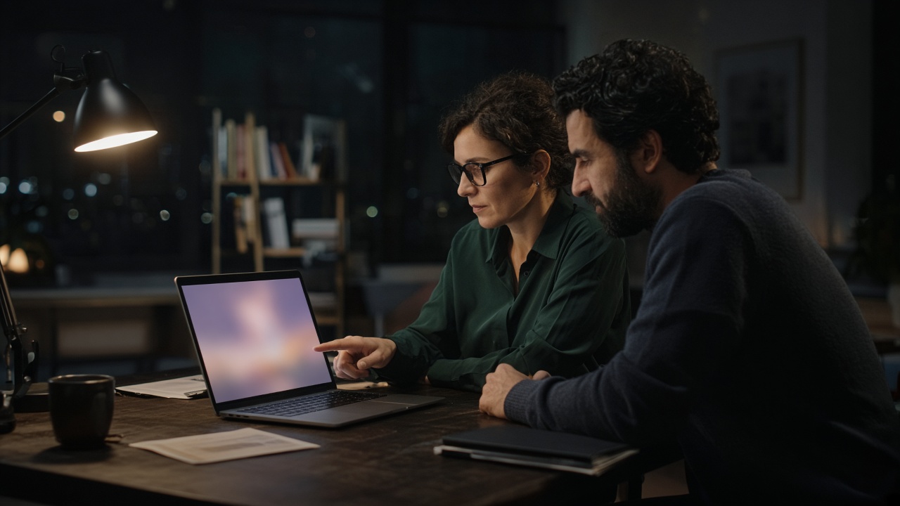 Two colleagues at a wooden desk reviewing a generated page on a laptop.