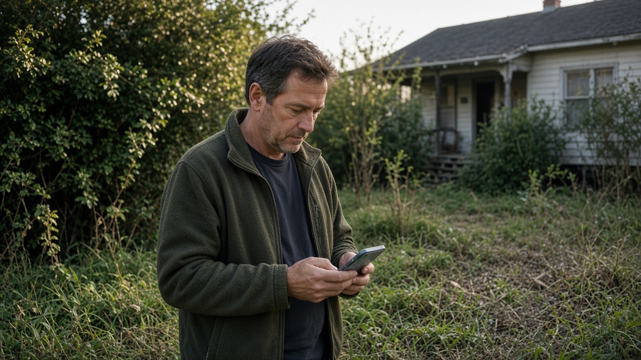 A homeowner looking at a phone on an overgrown front lawn.