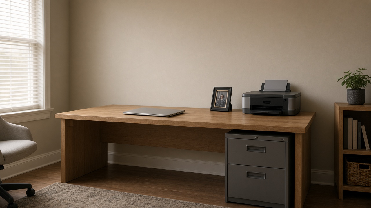 A person at a home office desk with a laptop, printer, and daylight through blinds.
