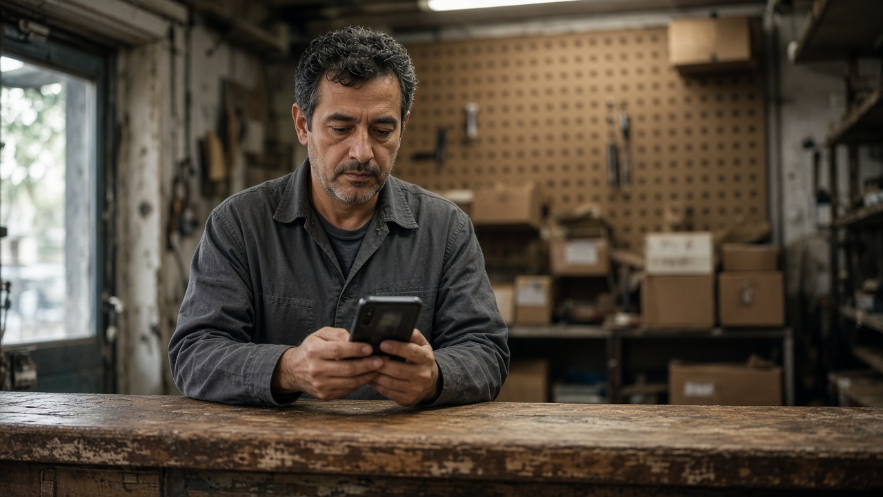 A shop owner behind a worn counter looking at a phone.