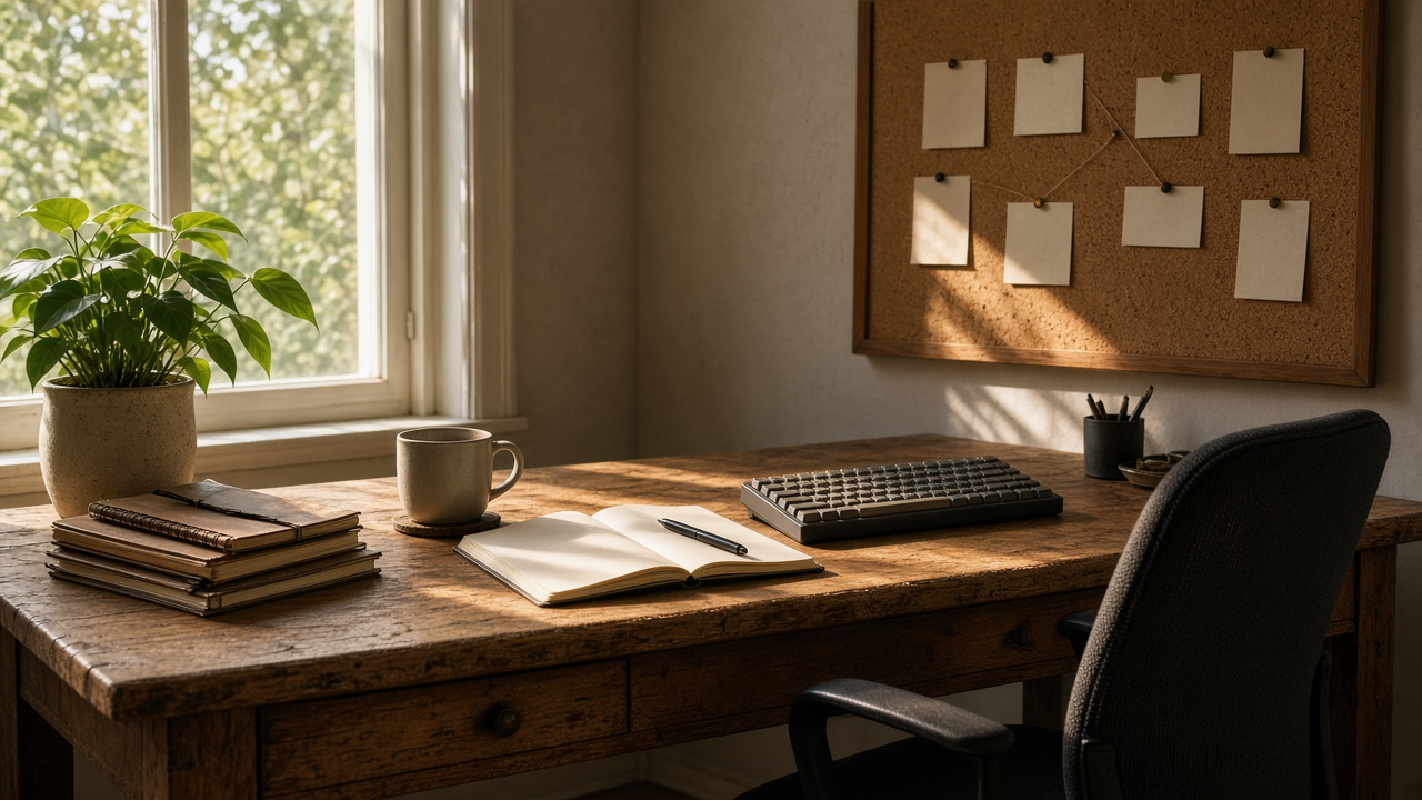 An empty freelance desk by a window with notebooks and a plant.