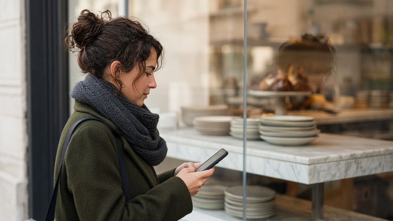 A person by a bakery window looking at a phone.