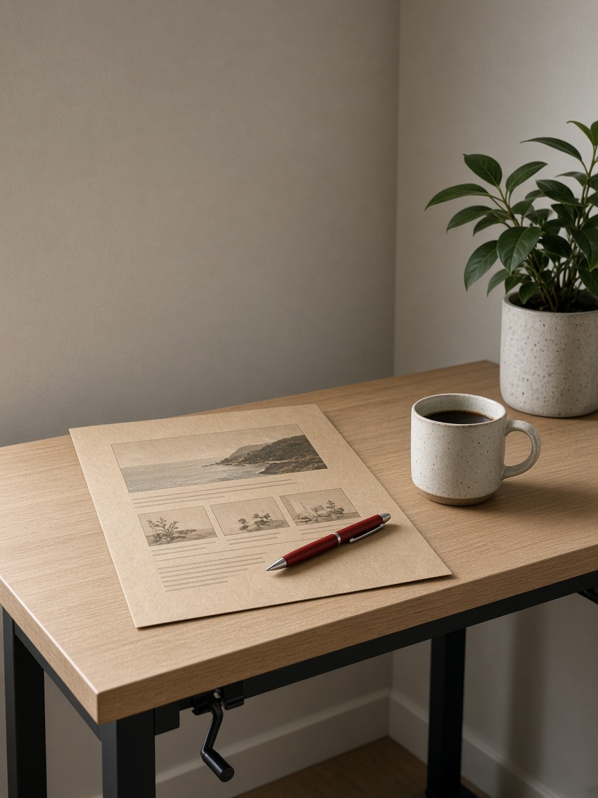 A printed landing-page mockup on a standing desk.