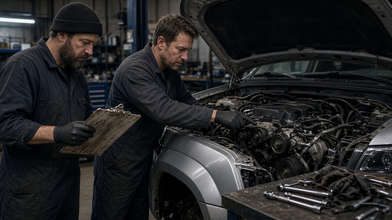 Two mechanics reviewing an open engine bay at a workbench.