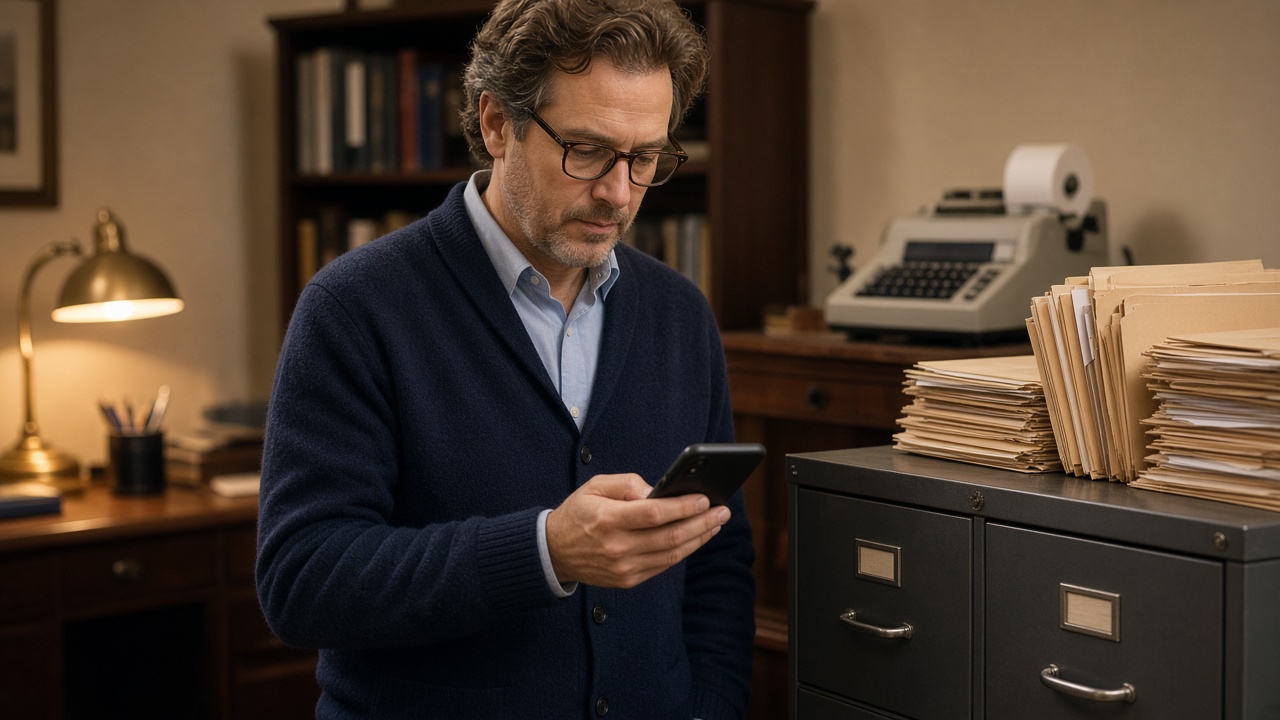 A CPA standing by a filing cabinet looking at a phone.