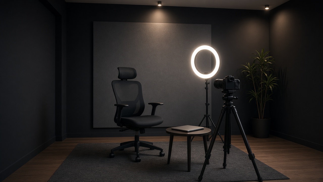 An empty webinar studio with a chair, camera, and ring light ready for a session.