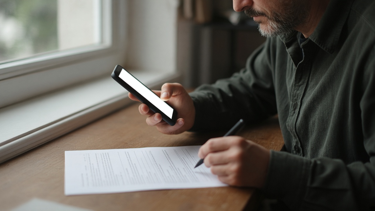 A person at a desk with a paper form looking something up on a phone.