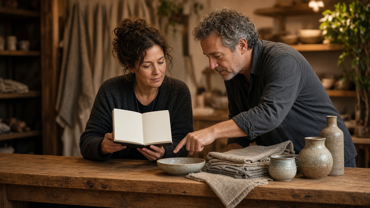 Two shop owners reviewing handmade goods at a wood counter.