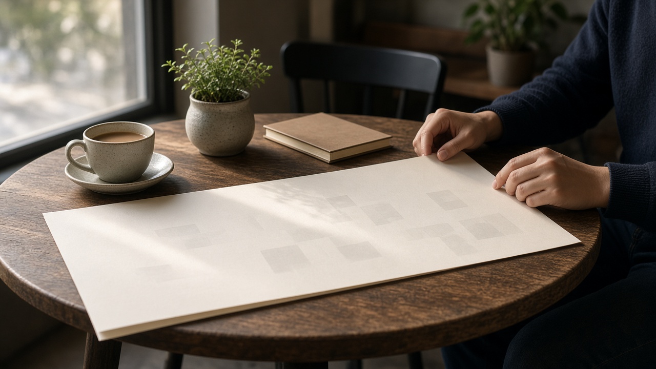 A cafe table with a long paper scroll and a laptop showing a single-page layout.