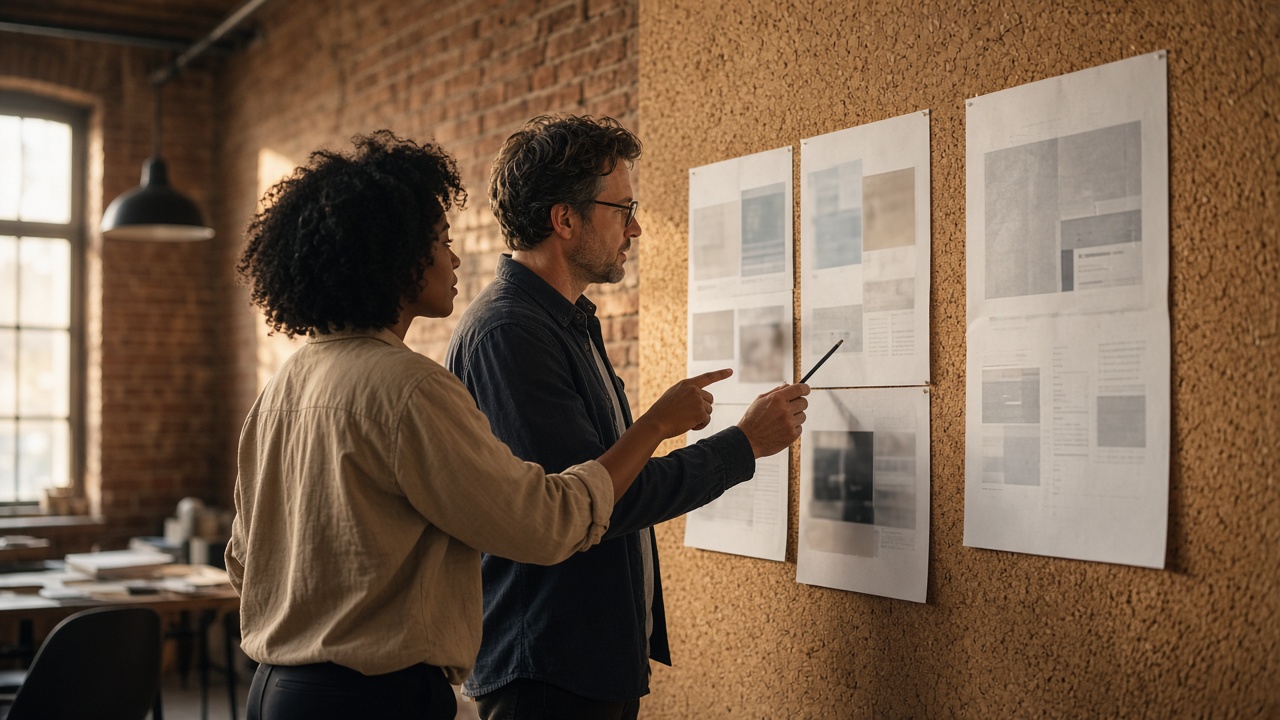 Two people standing at a cork wall comparing printed page layouts.