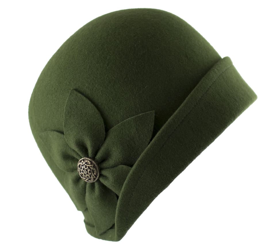 Camel wool cloche hat on a millinery stand