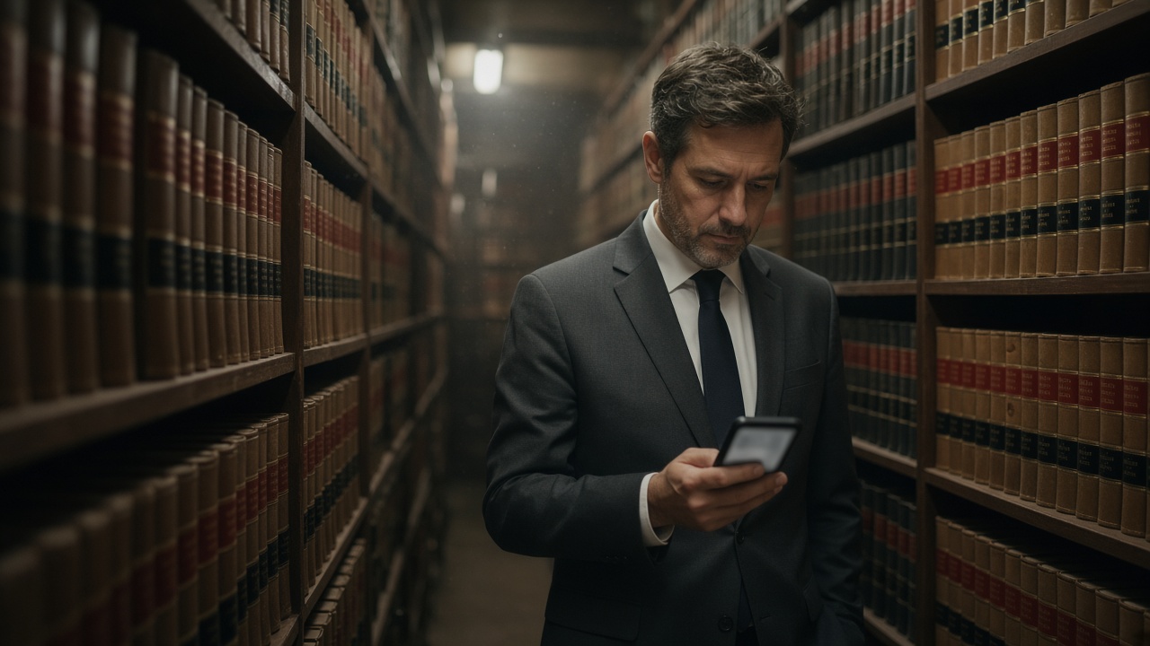 A lawyer in a library aisle looking at a phone.