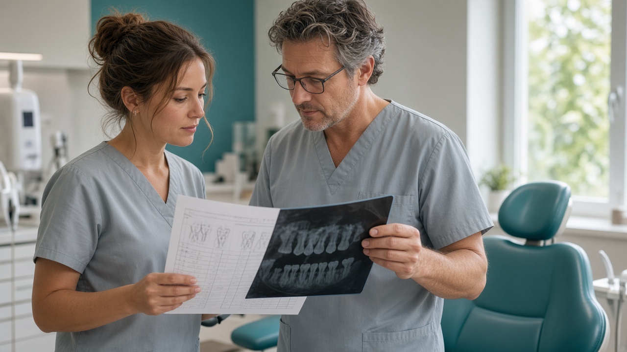 A dentist and hygienist reviewing a chart beside a dental chair.