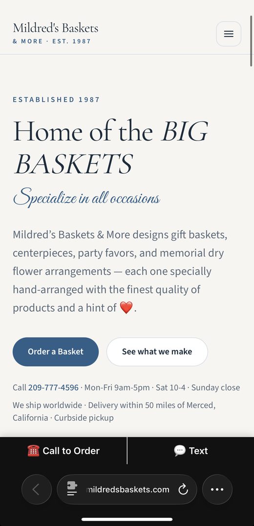 Mildred's Baskets website on mobile
