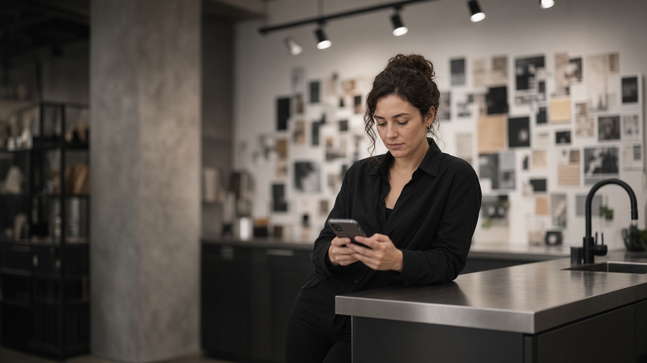 A person in a studio kitchenette looking at a phone.