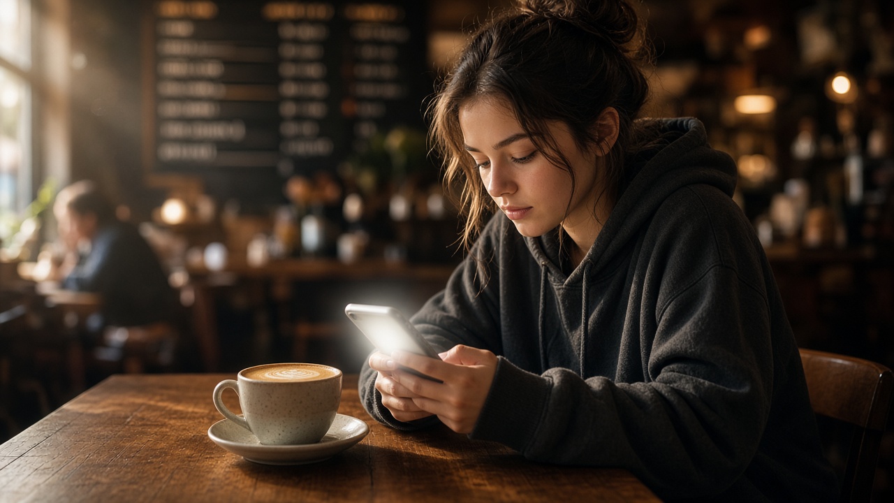 A person in a sunlit cafe looking something up on a phone.
