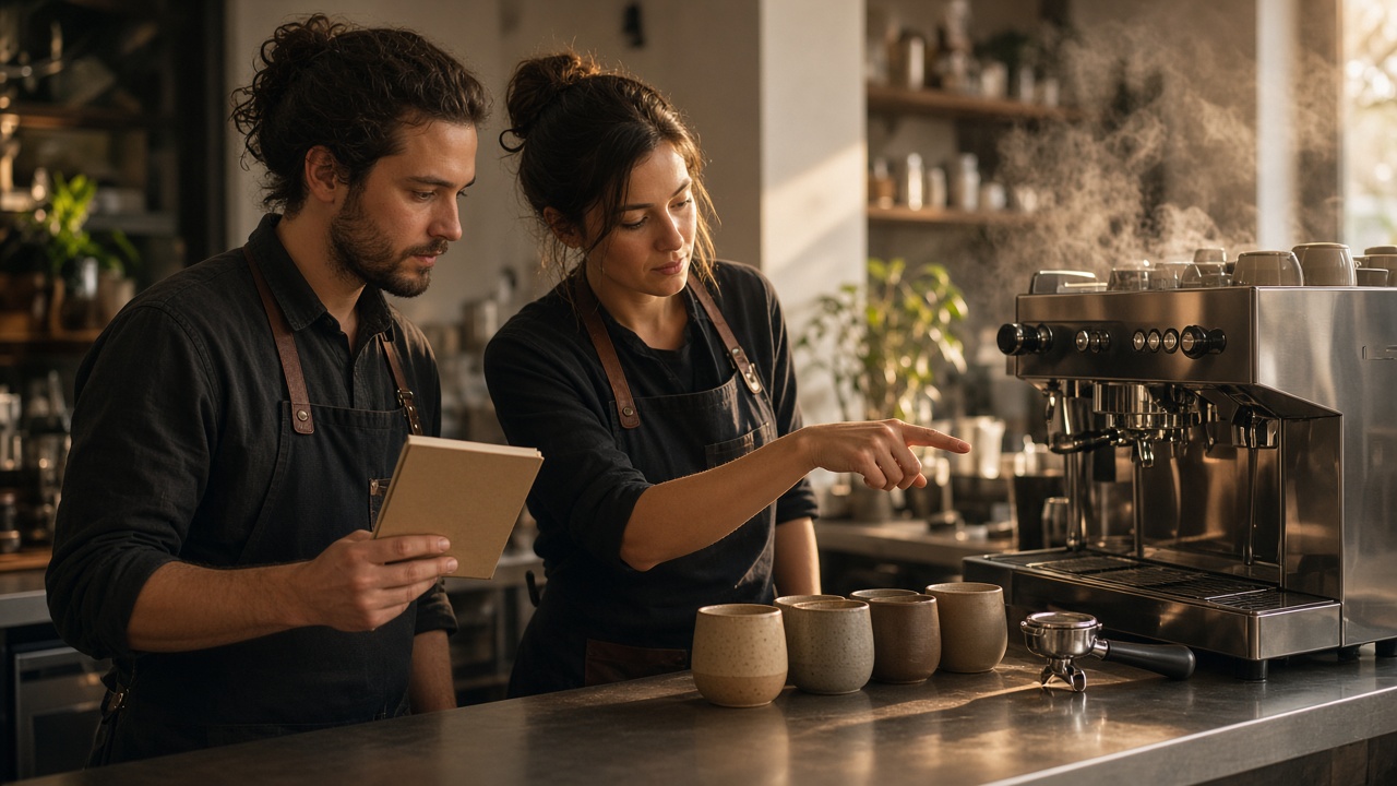 Two baristas reviewing morning setup behind the espresso bar.