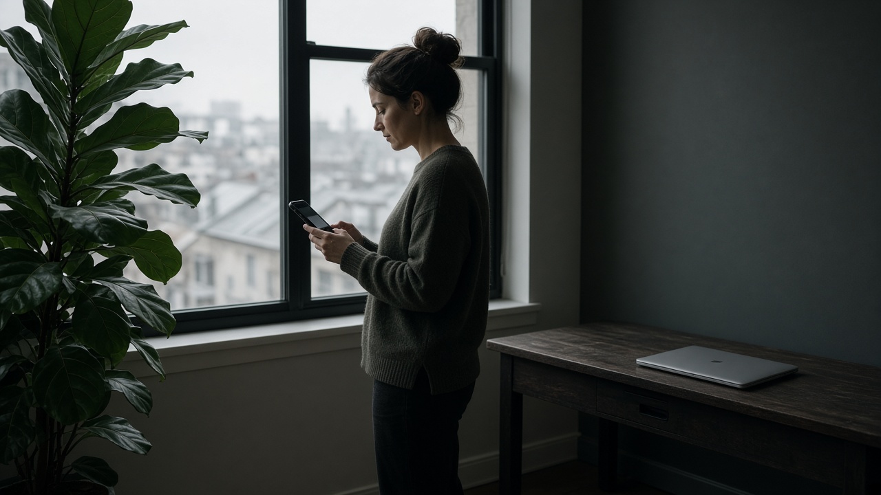 A person by a window next to a tall plant looking at a phone.