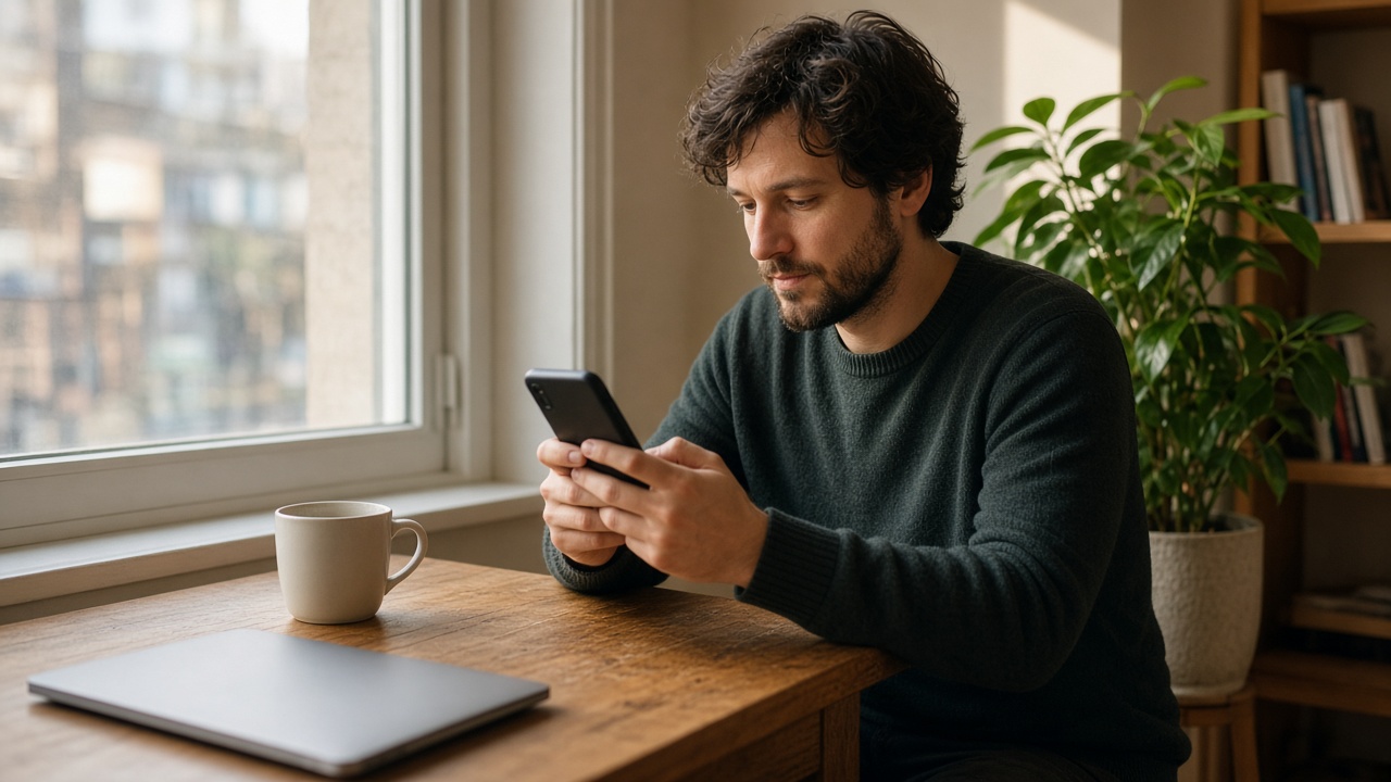 A freelancer at a window desk looking at a phone.