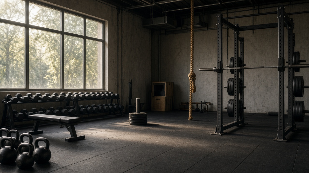 An independent gym with free weights, a squat rack, and rubber flooring.
