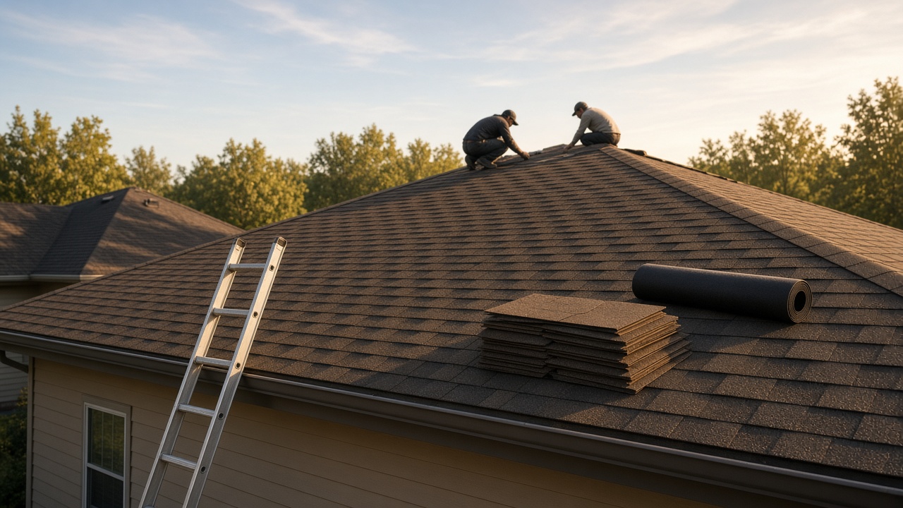 A suburban house with a roof being installed and a ladder against the gutter.