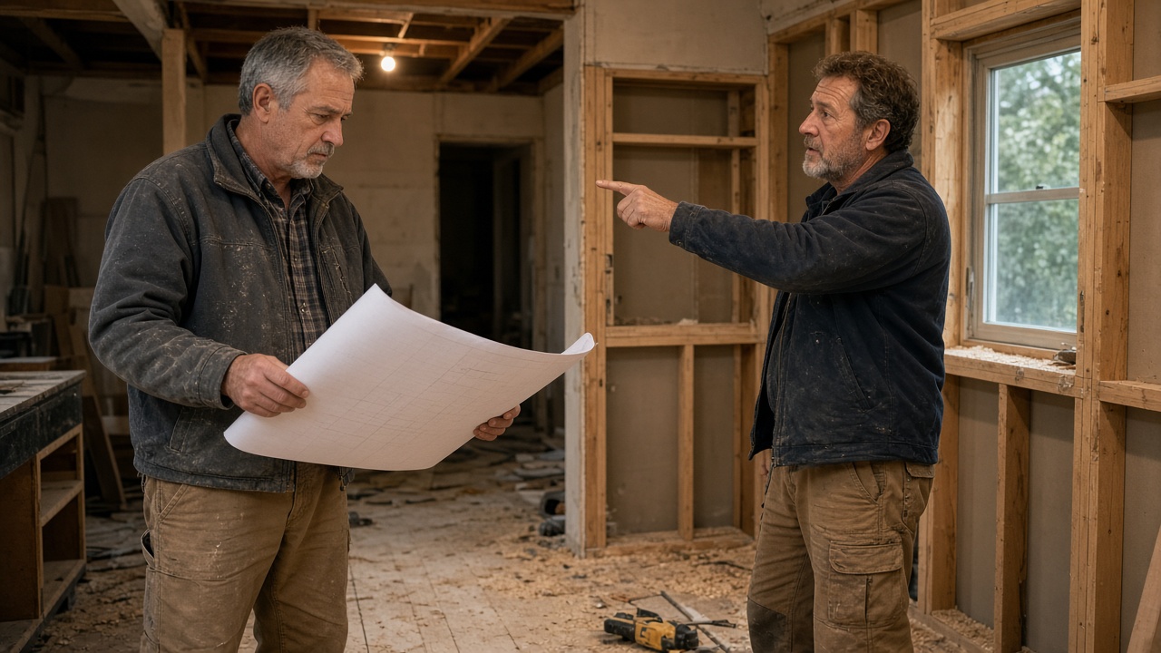 Two contractors reviewing plans in a mid-remodel kitchen.