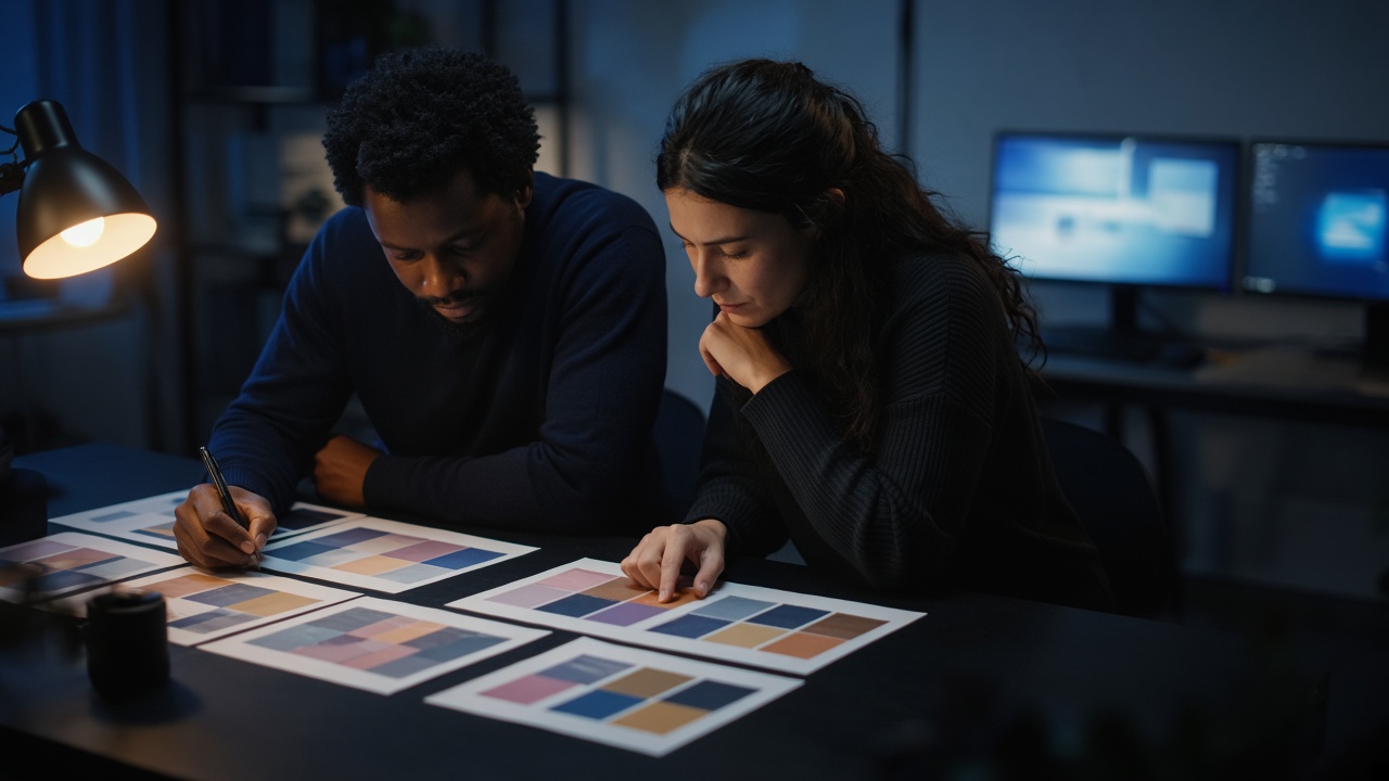 Two people at a black desk reviewing paper printouts in a dim room.