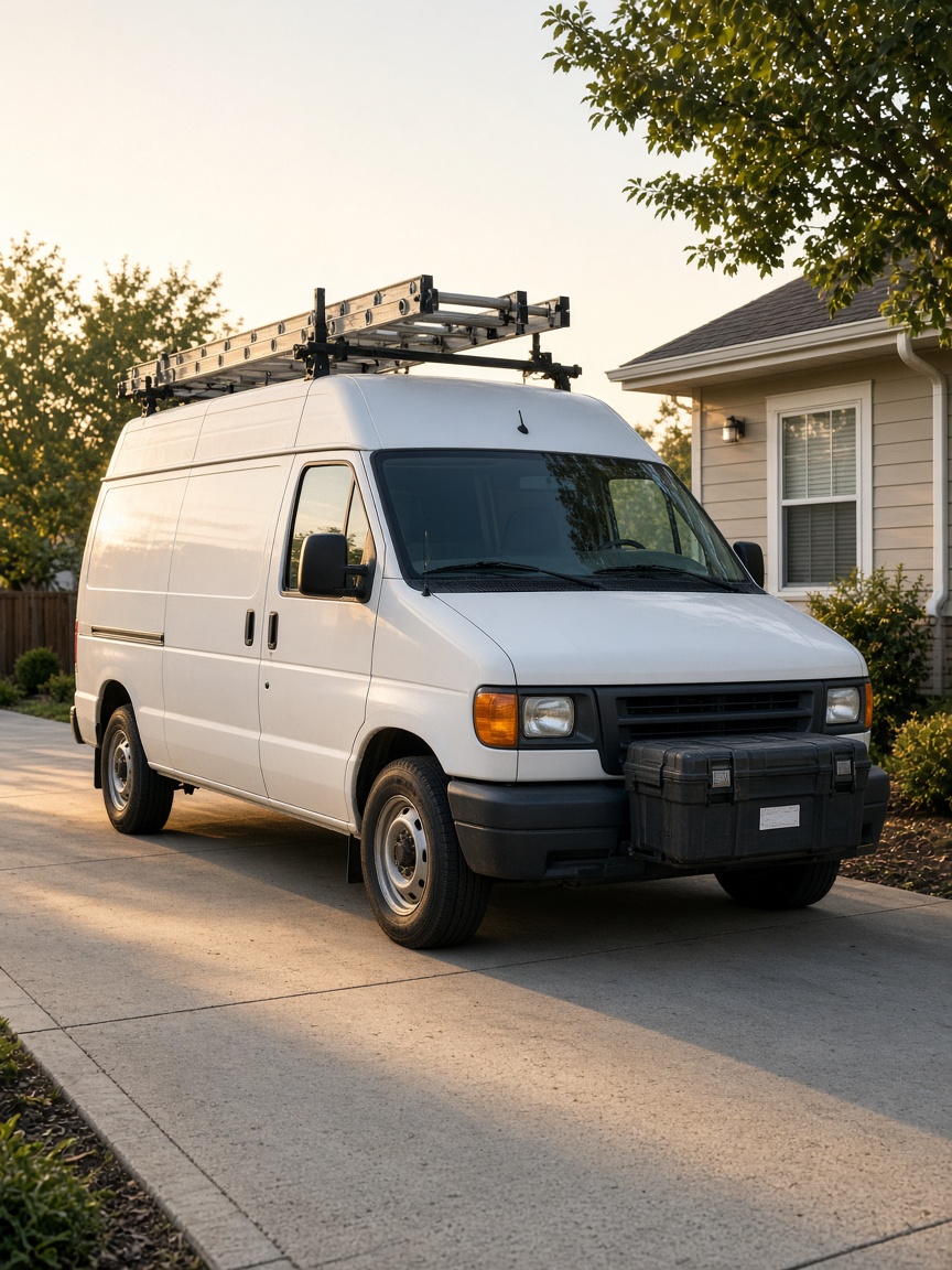A contractor van parked in a suburban driveway at late afternoon.