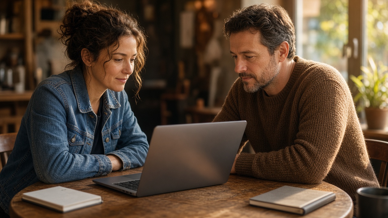 Two small-business owners at a cafe table reviewing a one-page site.