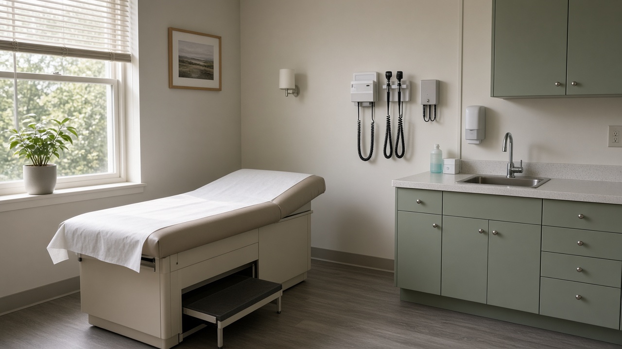 An empty clinic exam room with an exam table and morning light.