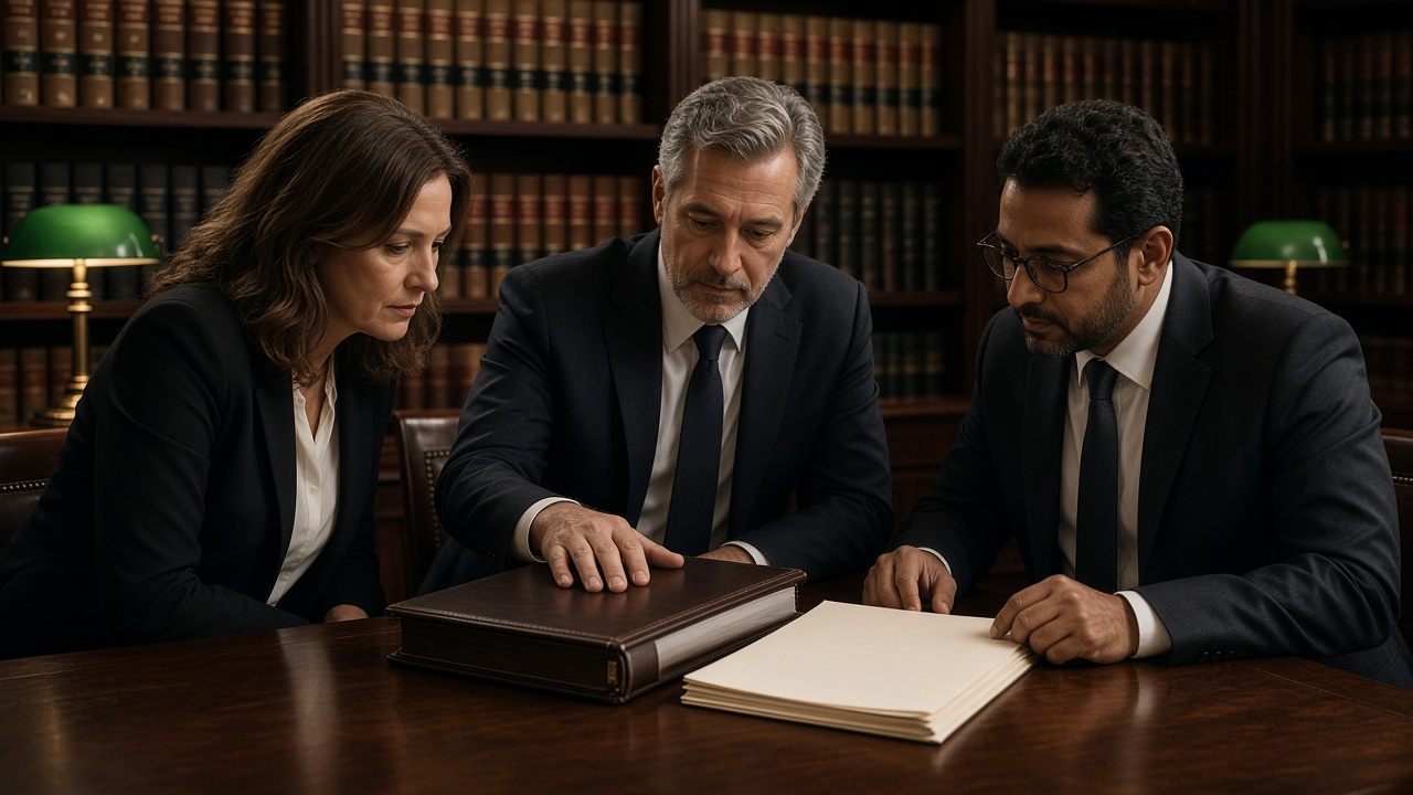 Three attorneys at a library table reviewing a case binder.