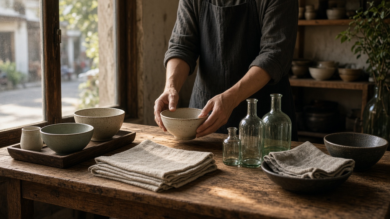 Handmade ceramics and linen arranged on a wooden shop table in afternoon light.