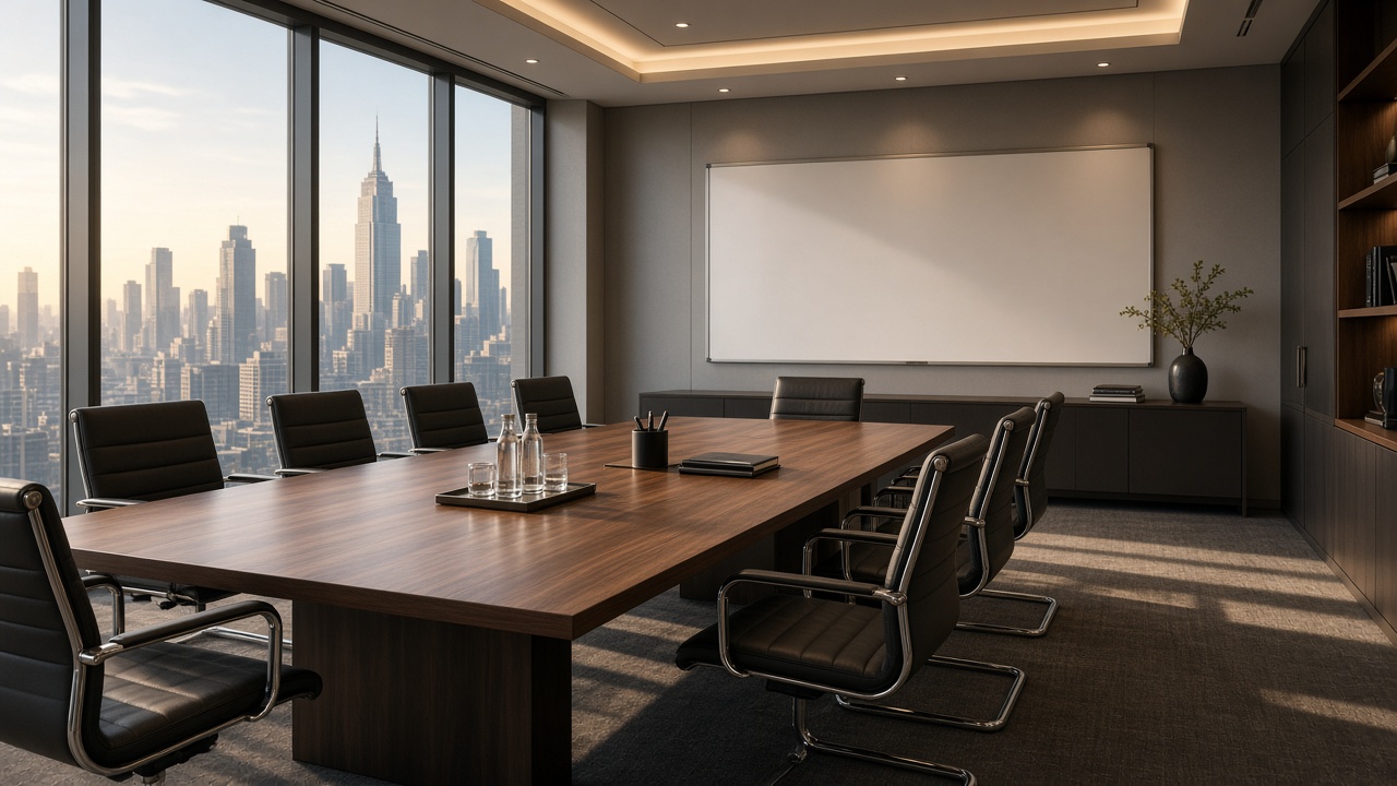 An empty consulting conference room with a walnut table and city windows.