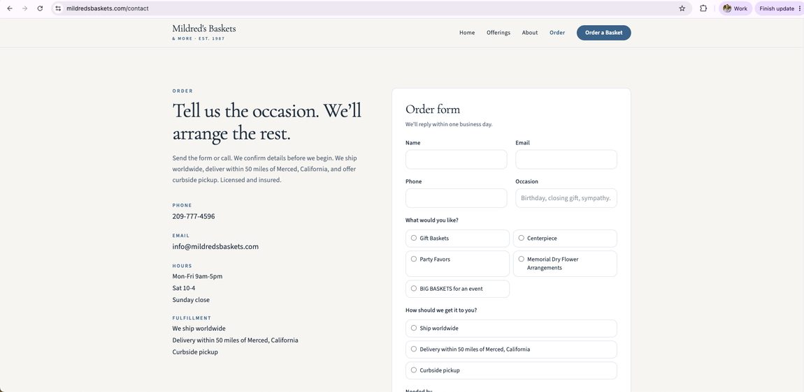 Mildred's order form built on Frontpage