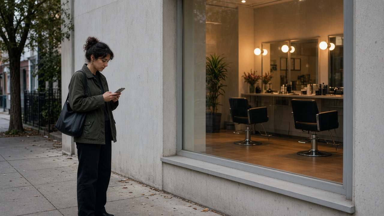 A person looking at a phone on the sidewalk outside a salon.