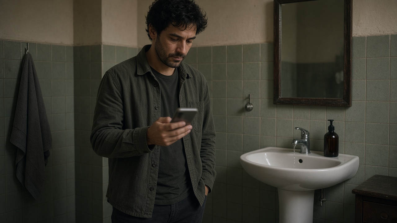 A person looking at a phone beside a bathroom sink.