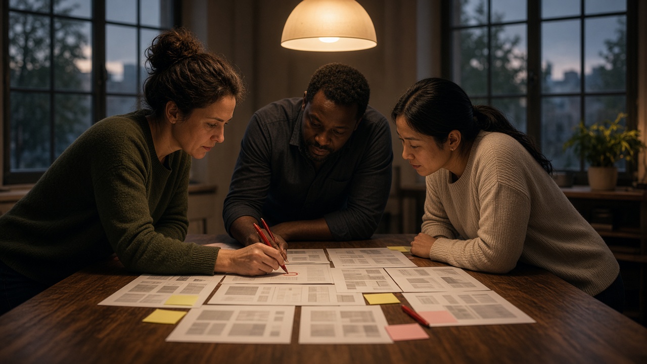Three people at a dark table reviewing printed page mockups under pendant lights.