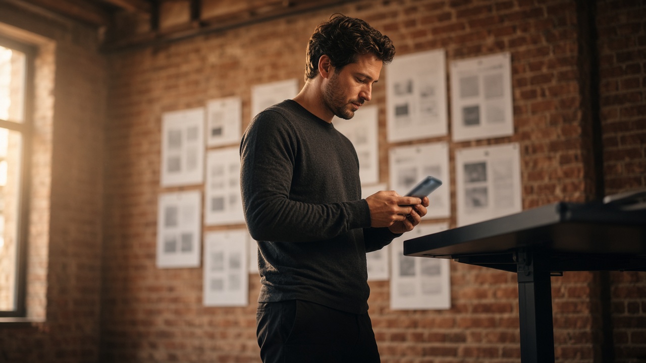 A person at a standing desk in a brick loft looking at a phone.