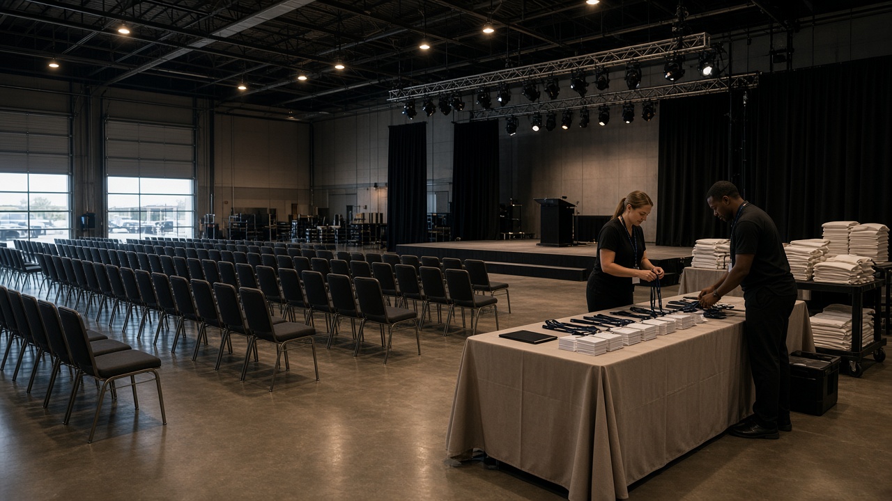 An empty event hall being set up with chairs, a stage, and a registration table.