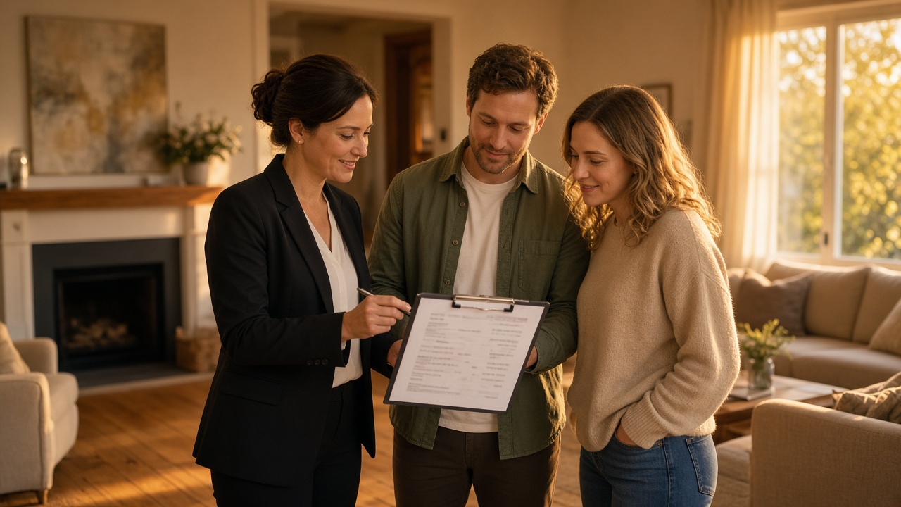 A real estate agent and a couple reviewing a listing packet in a living room.