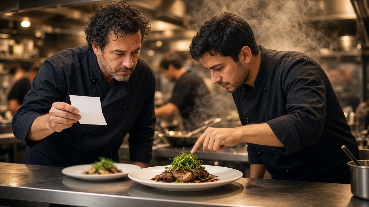A chef and sous-chef reviewing plated dishes at the kitchen pass.