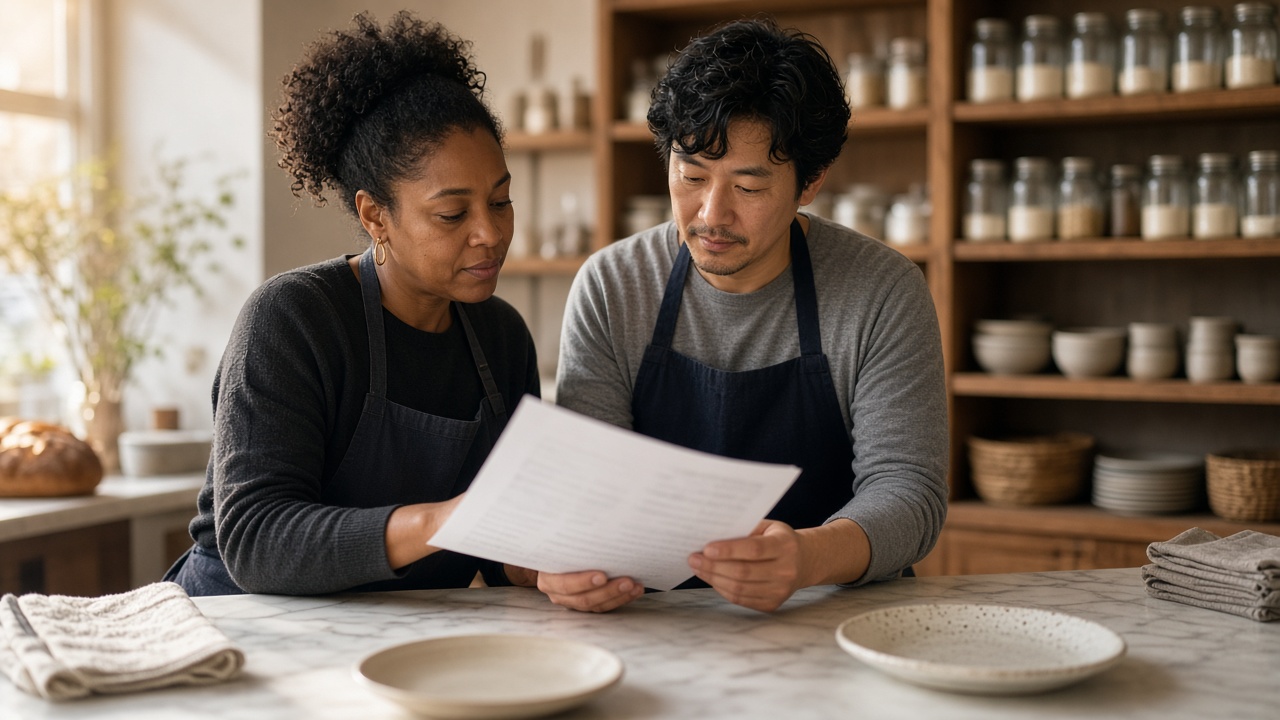 Two people at a marble bakery counter reviewing a printed sheet.
